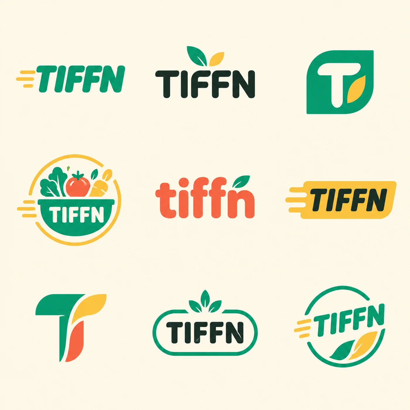Nine TIFFN logo concepts in green, yellow and orange