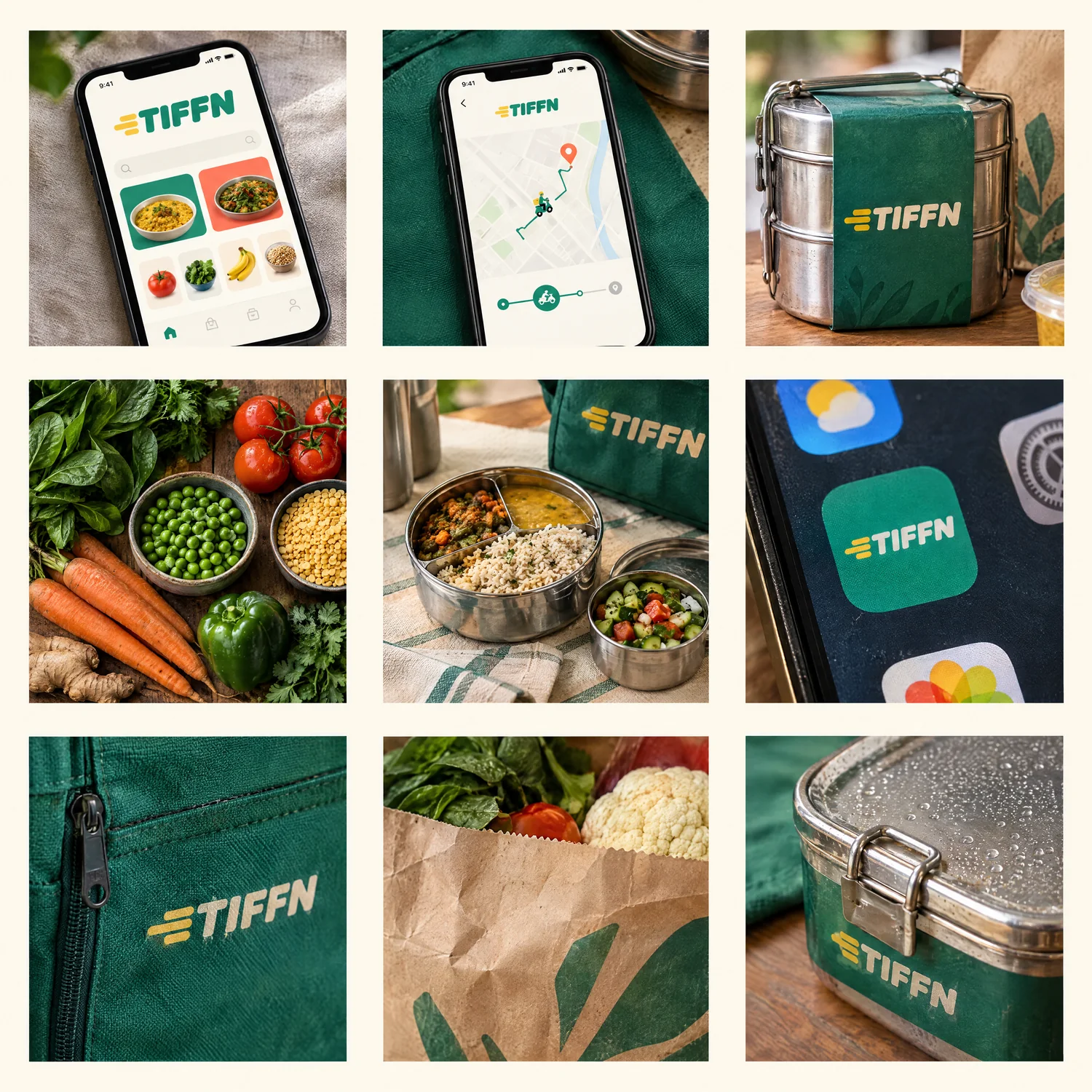 The TIFFN moodboard: the app on a phone, live tracking, steel tiffins, fresh vegetables and a thali