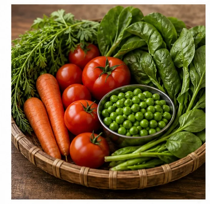 Tomatoes, peas, carrots and greens in a market basket