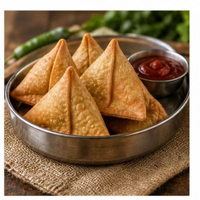 Golden vegetable samosas in a metal bowl