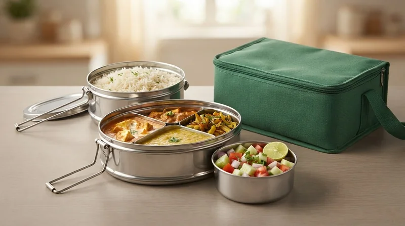 Steel tiffin containers of rice and curries beside a green delivery bag