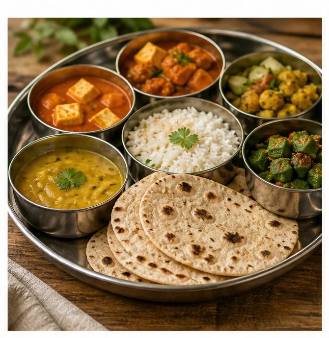 A vegetarian thali with rotis, rice, dal and vegetable curries