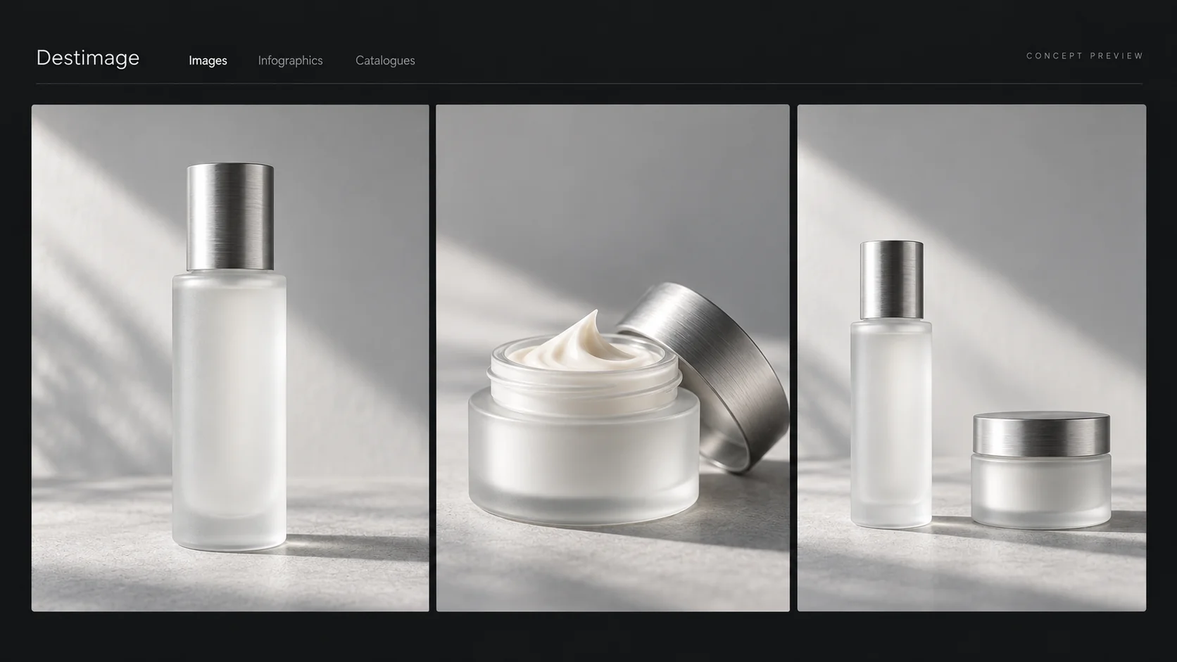 Illustrative Destimage product collection with softly lit skincare photography; not an actual product screenshot.
