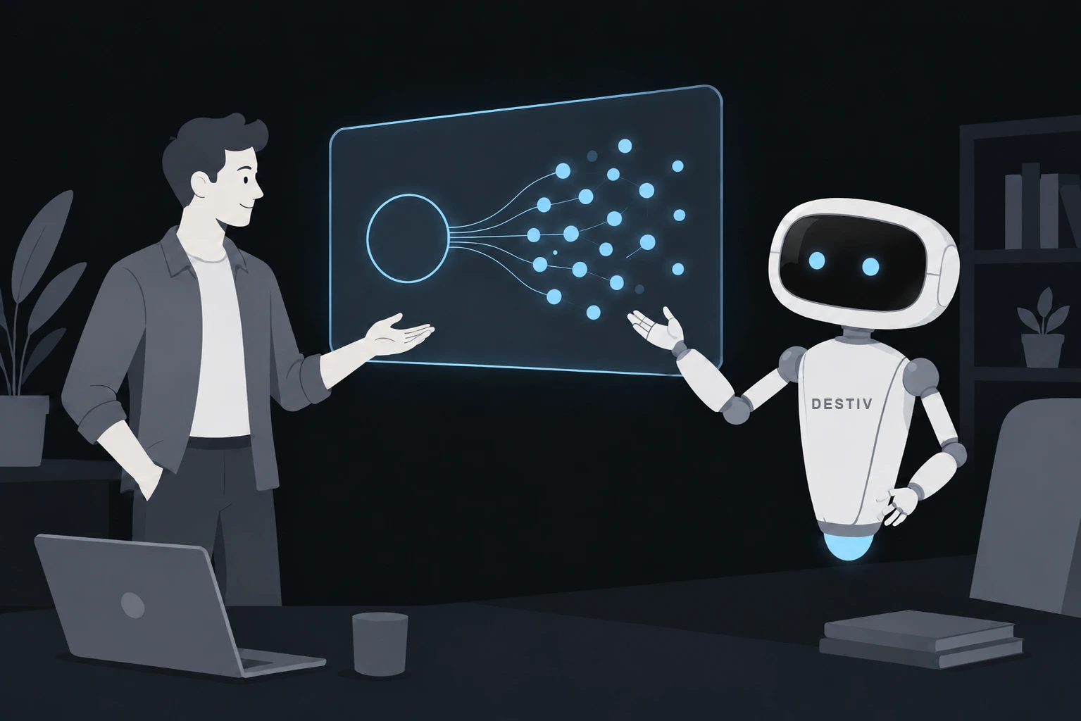 A person and the Destiv robot looking at a diagram of one large circle resolving into a connected network of many small nodes