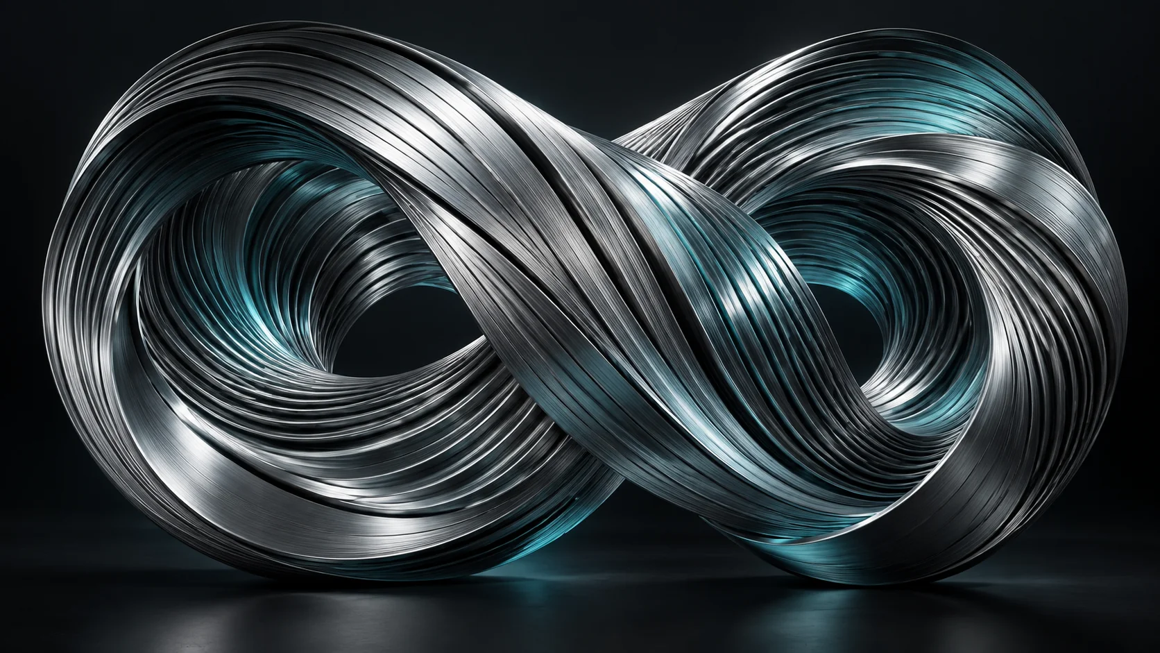 An intricate loop of layered chrome ribbons with cool blue reflections