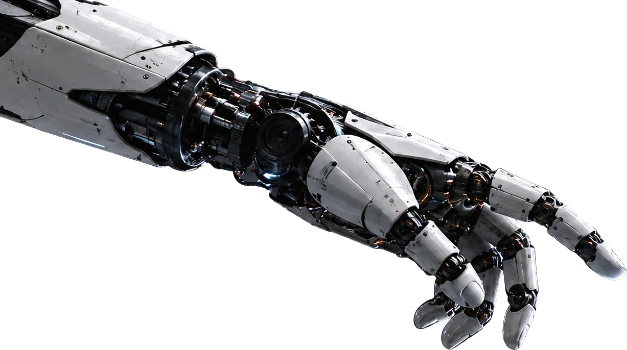 A white and black mechanical robotic hand reaching out